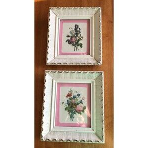 VINTAGE Floral Framed Prints Set of 2 White Distressed Frame Cottagecore